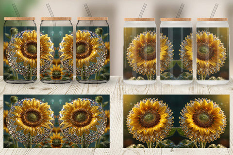 Glass Can Wrap Flower Sunflower Glitter Sublimation artnoy 