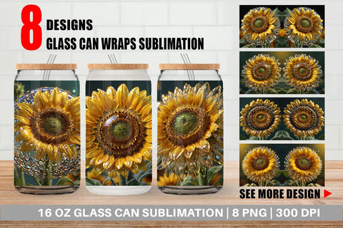 Glass Can Wrap Flower Sunflower Glitter Sublimation artnoy 