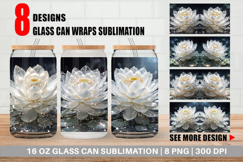Glass Can Wrap Flower White Lotus Glitter Sublimation artnoy 