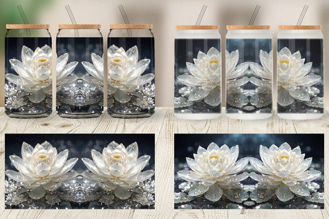 Glass Can Wrap Flower White Lotus Glitter Sublimation artnoy 