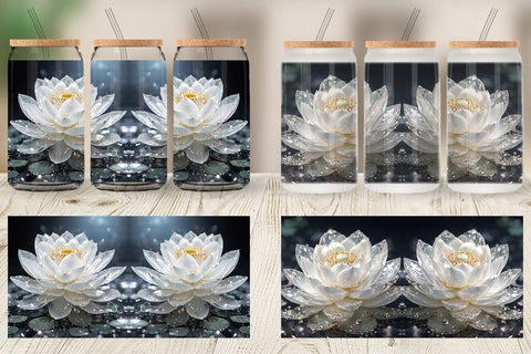 Glass Can Wrap Flower White Lotus Glitter Sublimation artnoy 
