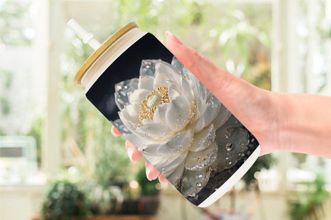 Glass Can Wrap Flower White Lotus Glitter Sublimation artnoy 