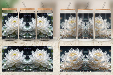 Glass Can Wrap Flower White Lotus Glitter Sublimation artnoy 