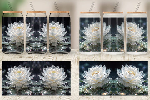 Glass Can Wrap Flower White Lotus Glitter Sublimation artnoy 