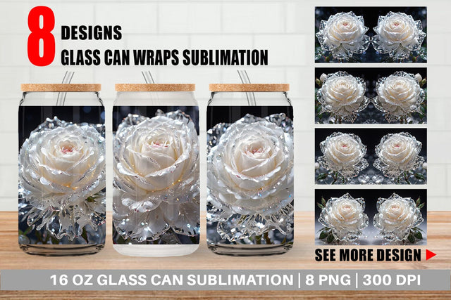 Glass Can Wrap Flower White Rose Glitter Sublimation artnoy 