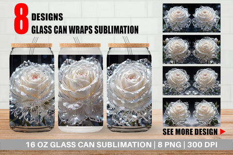 Glass Can Wrap Flower White Rose Glitter Sublimation artnoy 