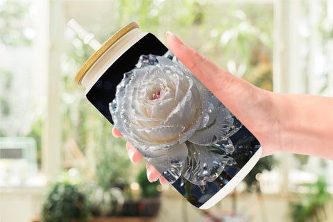 Glass Can Wrap Flower White Rose Glitter Sublimation artnoy 