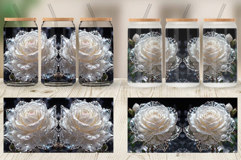 Glass Can Wrap Flower White Rose Glitter Sublimation artnoy 