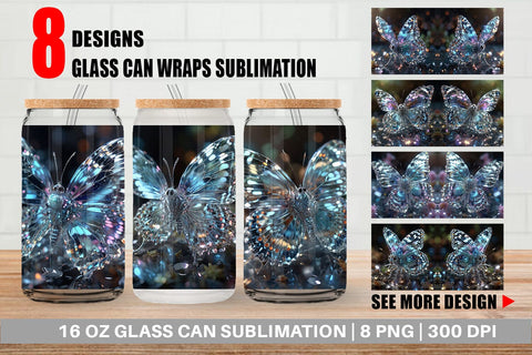 Glass Can Wrap Glass Butterfly Glitter Sublimation artnoy 