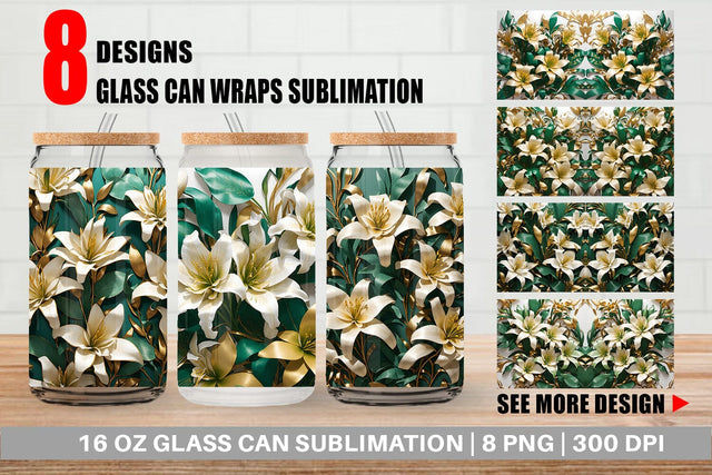 Glass Can Wrap Golden Lily Flower Sublimation artnoy 