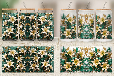 Glass Can Wrap Golden Lily Flower Sublimation artnoy 