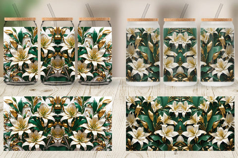 Glass Can Wrap Golden Lily Flower Sublimation artnoy 