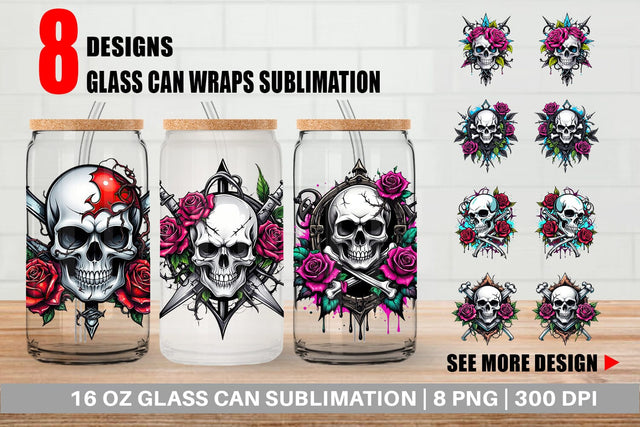 Glass Can Wrap Gothic Skull Sticker Sublimation artnoy 