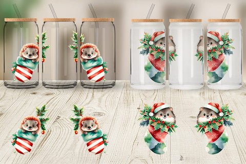 Glass Can Wrap Hedgehog in Stocking Sublimation artnoy 