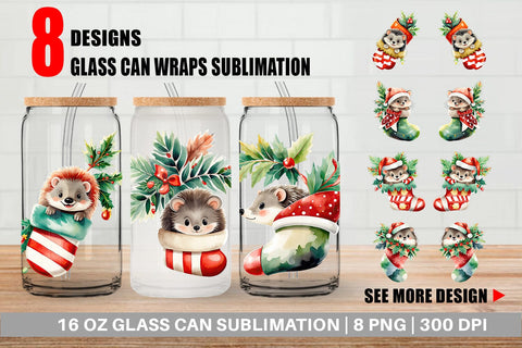 Glass Can Wrap Hedgehog in Stocking Sublimation artnoy 
