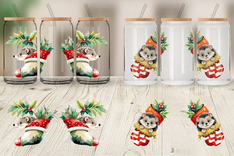 Glass Can Wrap Hedgehog in Stocking Sublimation artnoy 