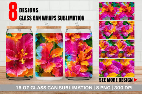 Glass Can Wrap Hibiscus Flower Pattern Sublimation artnoy 
