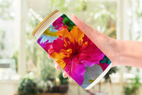 Glass Can Wrap Hibiscus Flower Pattern Sublimation artnoy 