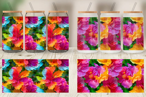 Glass Can Wrap Hibiscus Flower Pattern Sublimation artnoy 