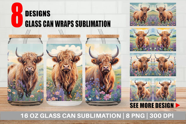 Glass Can Wrap Highland Cow and Flower Sublimation artnoy 