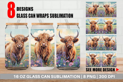 Glass Can Wrap Highland Cow and Flower Sublimation artnoy 