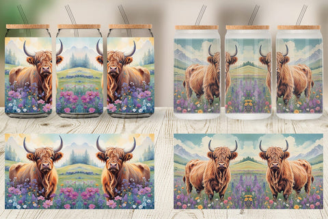 Glass Can Wrap Highland Cow and Flower Sublimation artnoy 
