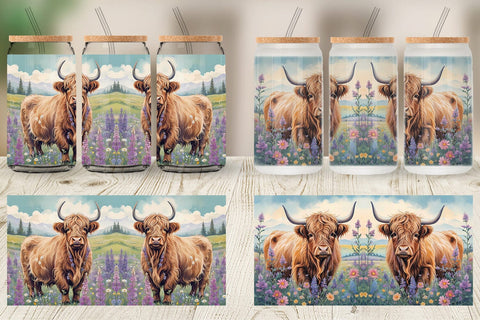 Glass Can Wrap Highland Cow and Flower Sublimation artnoy 