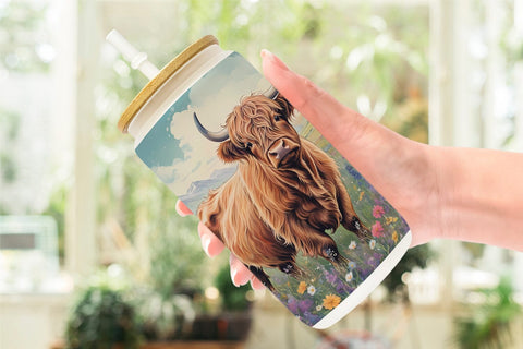 Glass Can Wrap Highland Cow and Flower Sublimation artnoy 