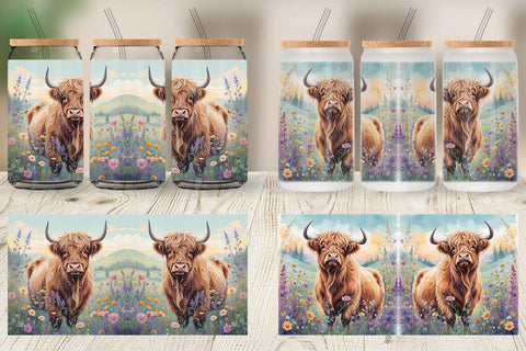Glass Can Wrap Highland Cow and Flower Sublimation artnoy 