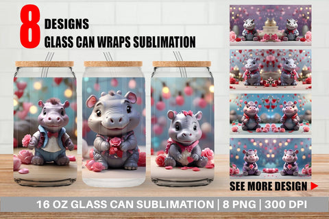 Glass Can Wrap Hippopotamus Valentine Sublimation artnoy 