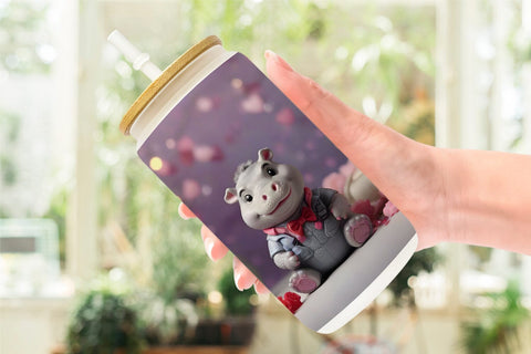 Glass Can Wrap Hippopotamus Valentine Sublimation artnoy 