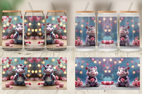 Glass Can Wrap Hippopotamus Valentine Sublimation artnoy 