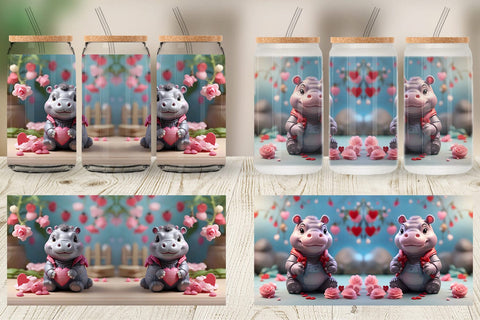 Glass Can Wrap Hippopotamus Valentine Sublimation artnoy 