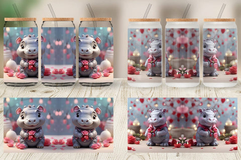 Glass Can Wrap Hippopotamus Valentine Sublimation artnoy 