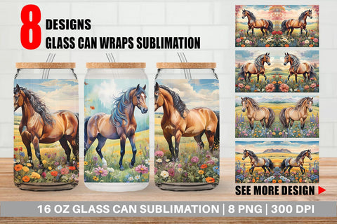 Glass Can Wrap Horse and Flower Sublimation artnoy 