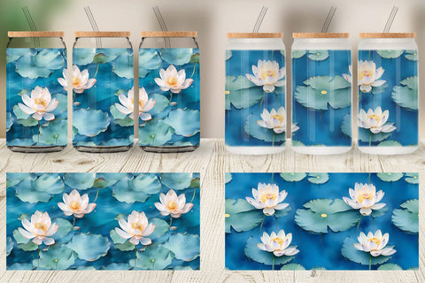 Glass Can Wrap Lotus Watercolor Pattern Sublimation artnoy 