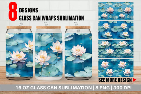 Glass Can Wrap Lotus Watercolor Pattern Sublimation artnoy 