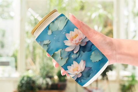 Glass Can Wrap Lotus Watercolor Pattern Sublimation artnoy 