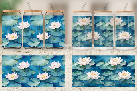 Glass Can Wrap Lotus Watercolor Pattern Sublimation artnoy 