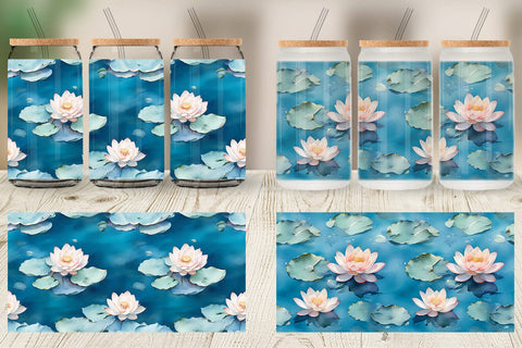 Glass Can Wrap Lotus Watercolor Pattern Sublimation artnoy 