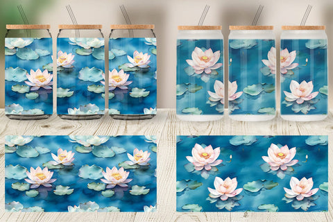 Glass Can Wrap Lotus Watercolor Pattern Sublimation artnoy 