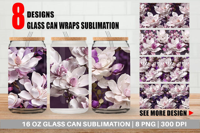 Glass Can Wrap Magnolia Flower Pattern Sublimation artnoy 