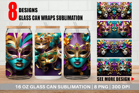 Glass Can Wrap Mardi Gras Masks Sublimation artnoy 
