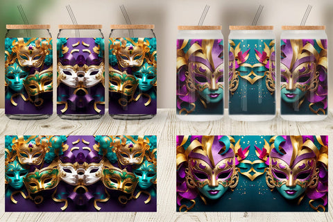 Glass Can Wrap Mardi Gras Masks Sublimation artnoy 