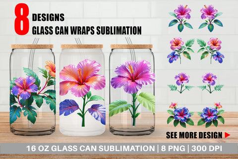 Glass Can Wrap Neon Hibiscus Sublimation artnoy 