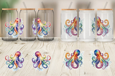 Glass Can Wrap Octopus Watercolor Sublimation artnoy 