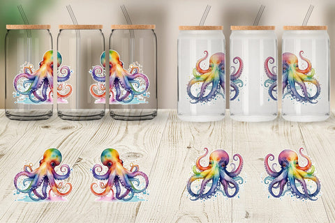 Glass Can Wrap Octopus Watercolor Sublimation artnoy 