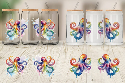 Glass Can Wrap Octopus Watercolor Sublimation artnoy 