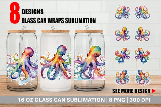 Glass Can Wrap Octopus Watercolor Sublimation artnoy 