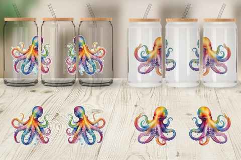 Glass Can Wrap Octopus Watercolor Sublimation artnoy 